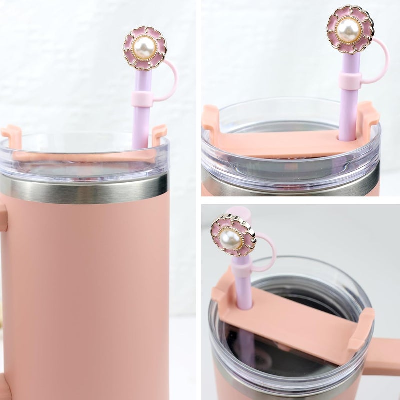 SEMATA 4PCS Silicone Straw Toppers for Stanley Cup Accessories,Pearls Rhinestone Straw Cover Cap for Stanley Tumbler 40&30 oz,Cute Pink Reusable Straws Tips Protectors Compatible with 10mm Straws - Image 3